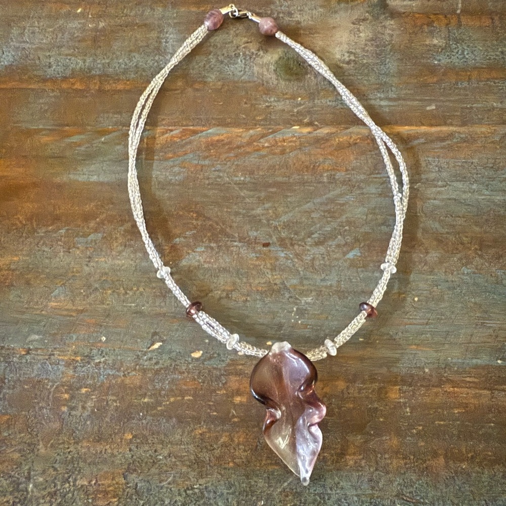 Handmade Purple Glass Leaf Pendant Necklace